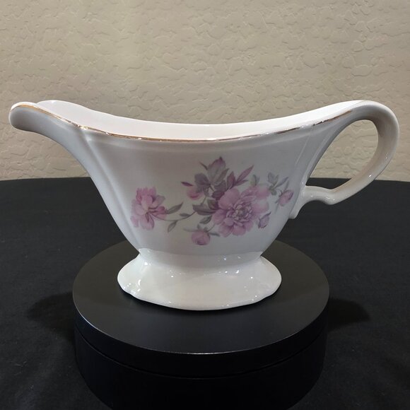 1952 Handled Floral Gravy Boat Edwin M. Knowles Light Pink Rose Gold Trimmed - Picture 1 of 11
